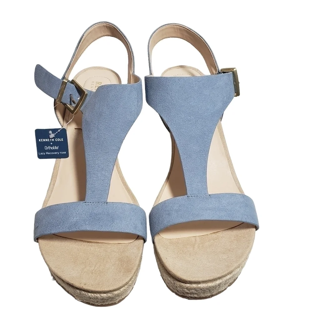 Reaction Kenneth Cole Card Sailboat Blue T-Strap Espadrille Wedge Sandal Sz 9M